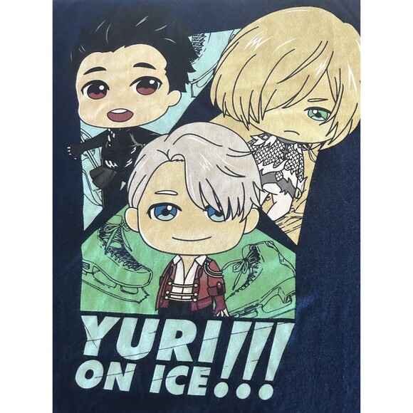 Yuri!!! On Ice Anime Men's XL Blue T-Shirt with Yuri, Yuuri and Victor on Skates - Picture 5 of 6